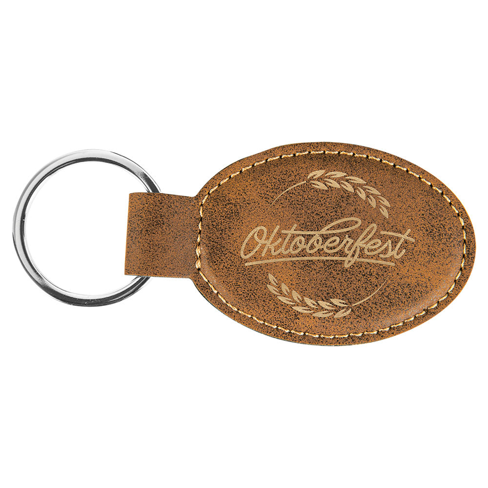 Personalized Laser Engraved 3" x 1 3/4" Rustic/Gold  Leatherette Oval Keychain