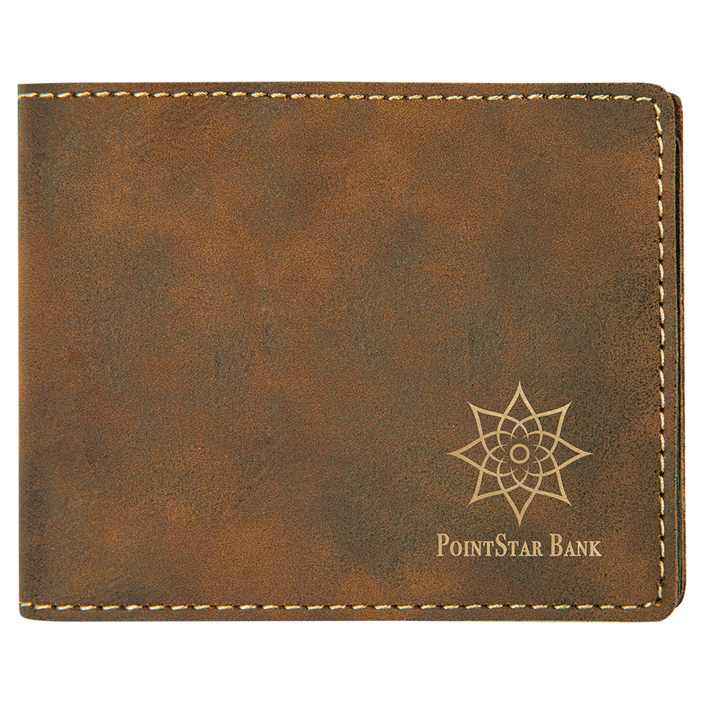 Personalized Laser Engraved 4 1/2" x 3 1/2" Rustic/Gold  Leatherette Bifold Wallet