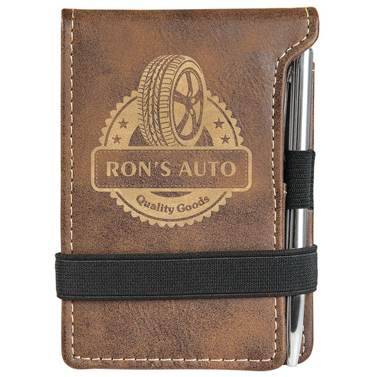  Personalized Laser Engraved 3 1/4" x 4 3/4" Rustic/Gold Leatherette Mini Notepad with Pen