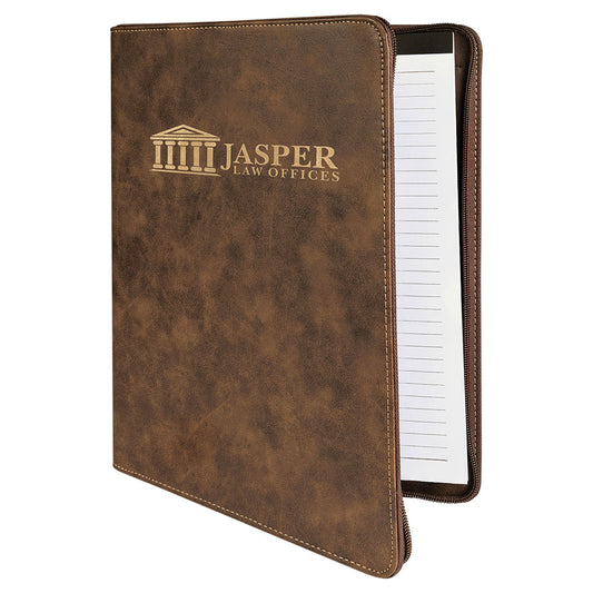 Personalized Laser Engraved 9 1/2" x 12" Rustic/Gold w/ Zipper  Leatherette Portfolio with Notepad