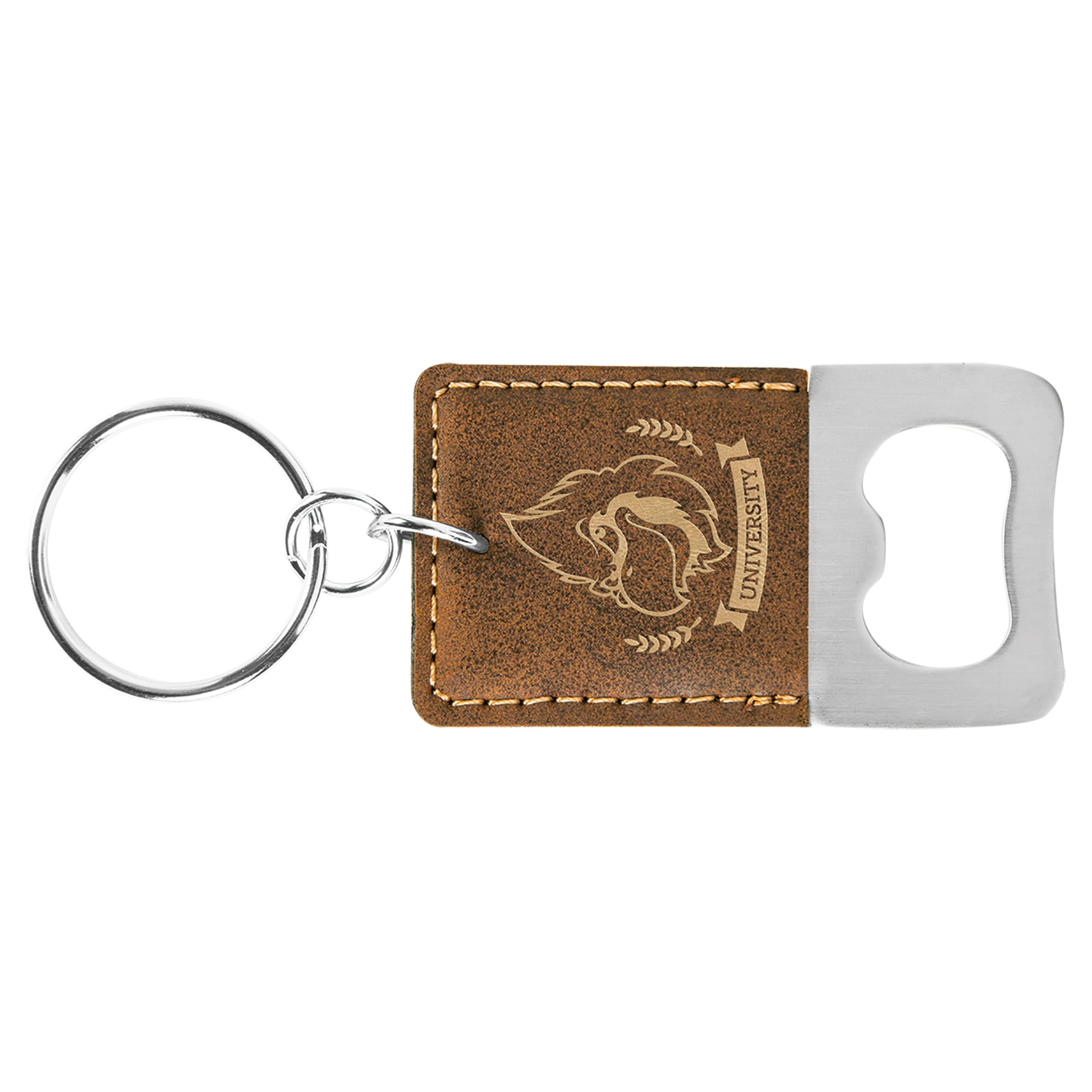  Personalized Laser Engraved Rectangle Rustic/Gold Leatherette Bottle Opener Keychain