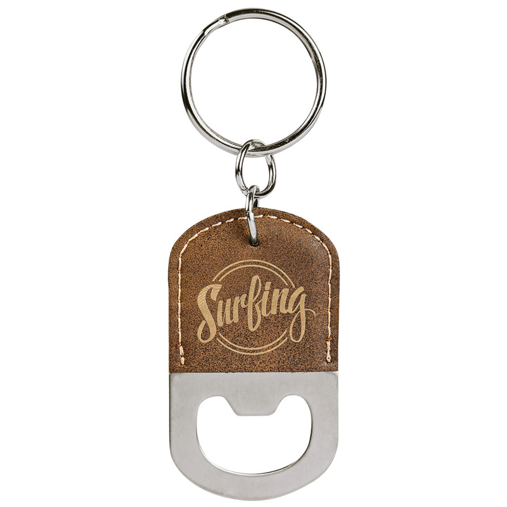 Personalized Laser Engraved Oval Rustic/Gold  Leatherette Bottle Opener Keychain