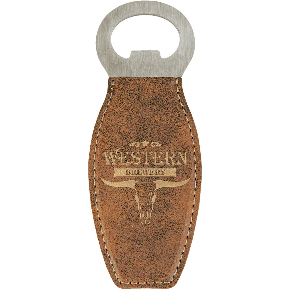 Personalized Laser Engraved Rustic/Gold  Leatherette Bottle Opener with Magnet