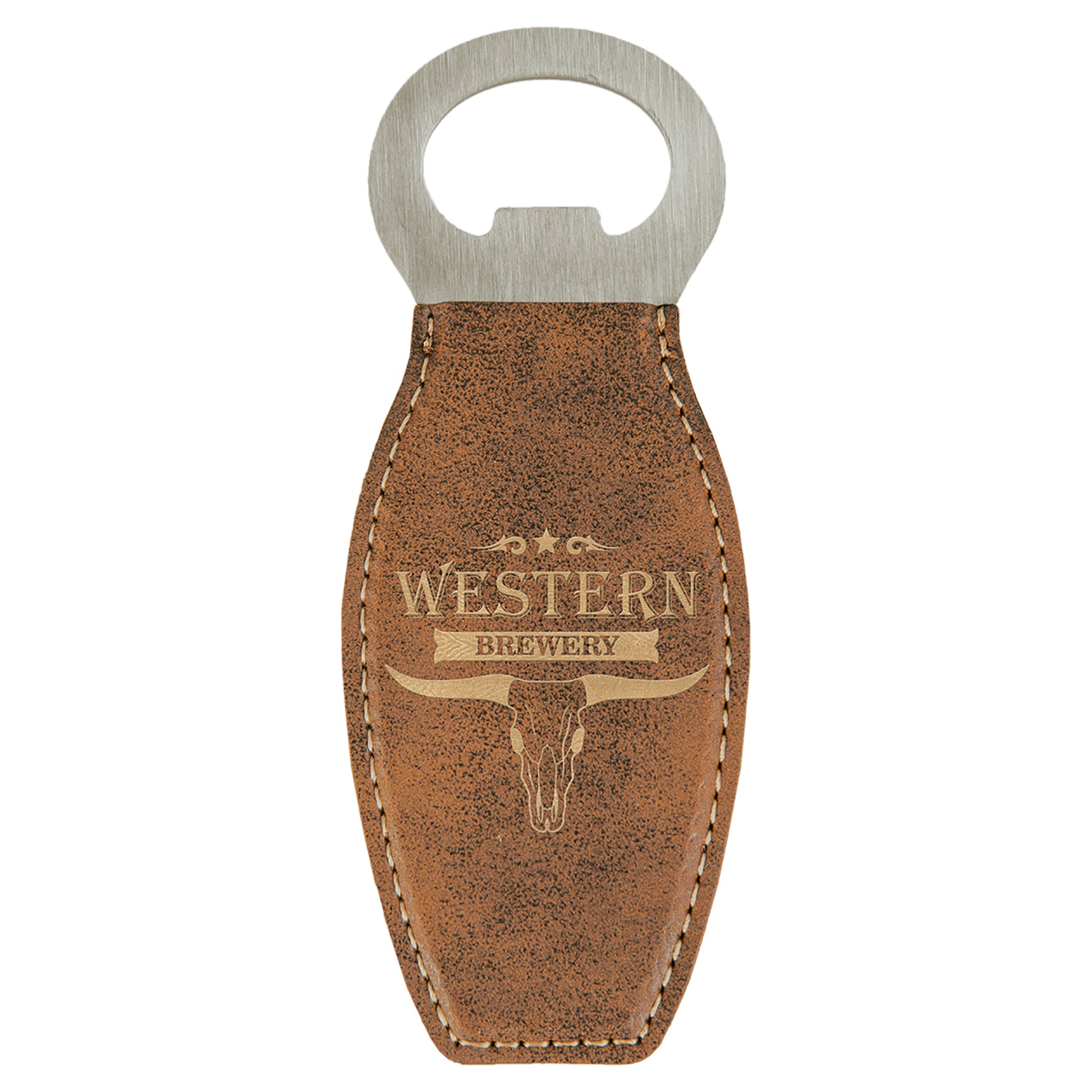  Personalized Laser Engraved Rustic/Gold Leatherette Bottle Opener with Magnet