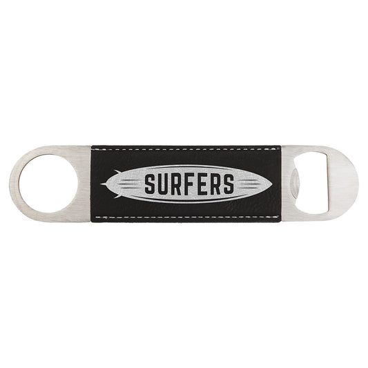 Personalized Laser Engraved 1 1/2" x 7" Black/Silver  Leatherette Bottle Opener