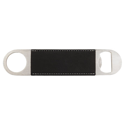 Personalized Laser Engraved 1 1/2" x 7" Black/Silver  Leatherette Bottle Opener