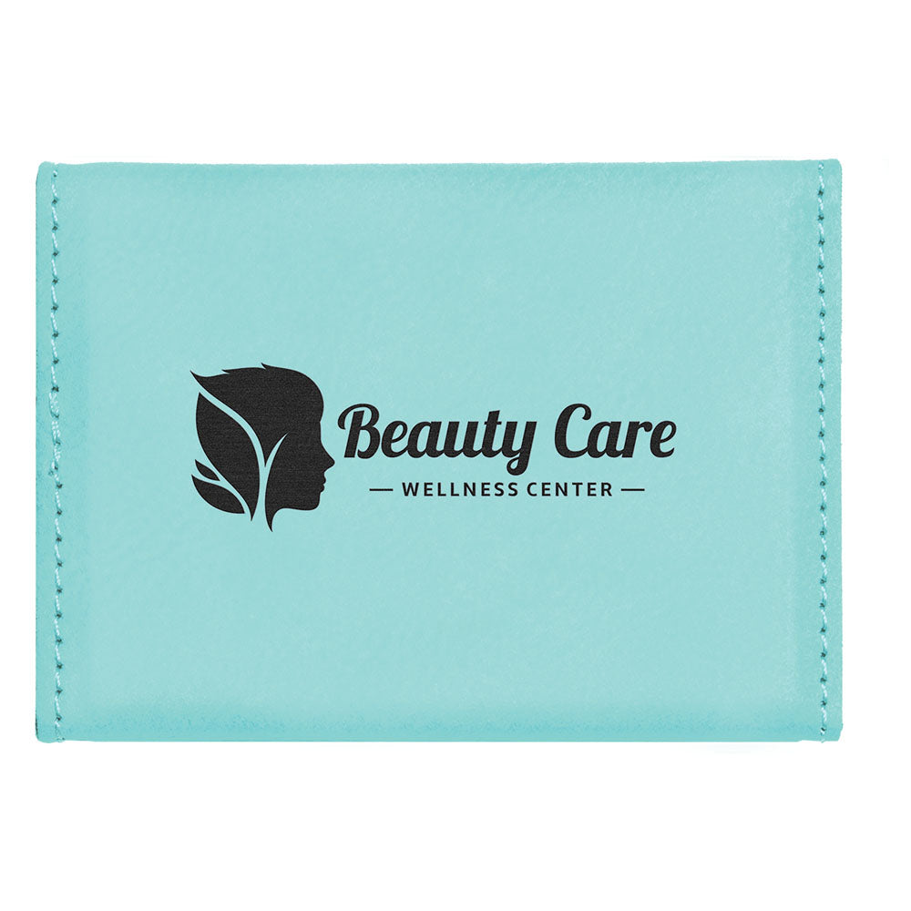 Personalized Laser Engraved 3 3/4" x 2 3/4" Teal  Leatherette Hard Business Card Holder