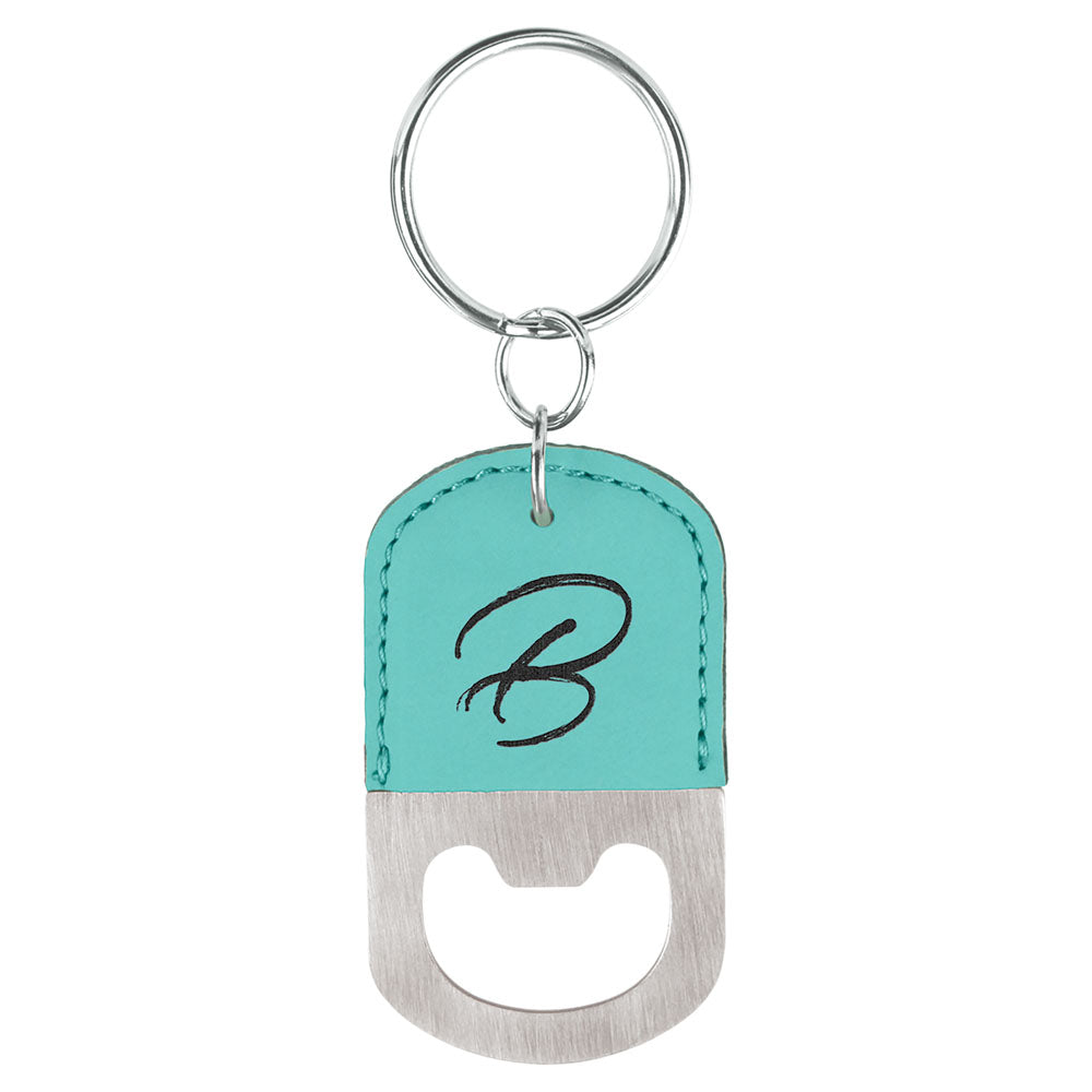 Personalized Laser Engraved Oval Teal  Leatherette Bottle Opener Keychain