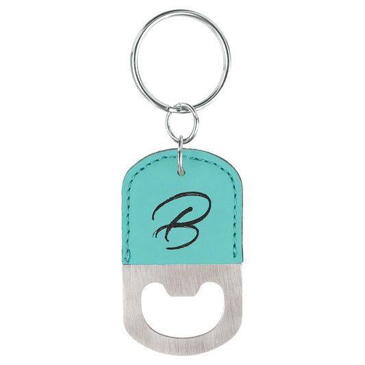 Personalized Laser Engraved Oval Teal  Leatherette Bottle Opener Keychain