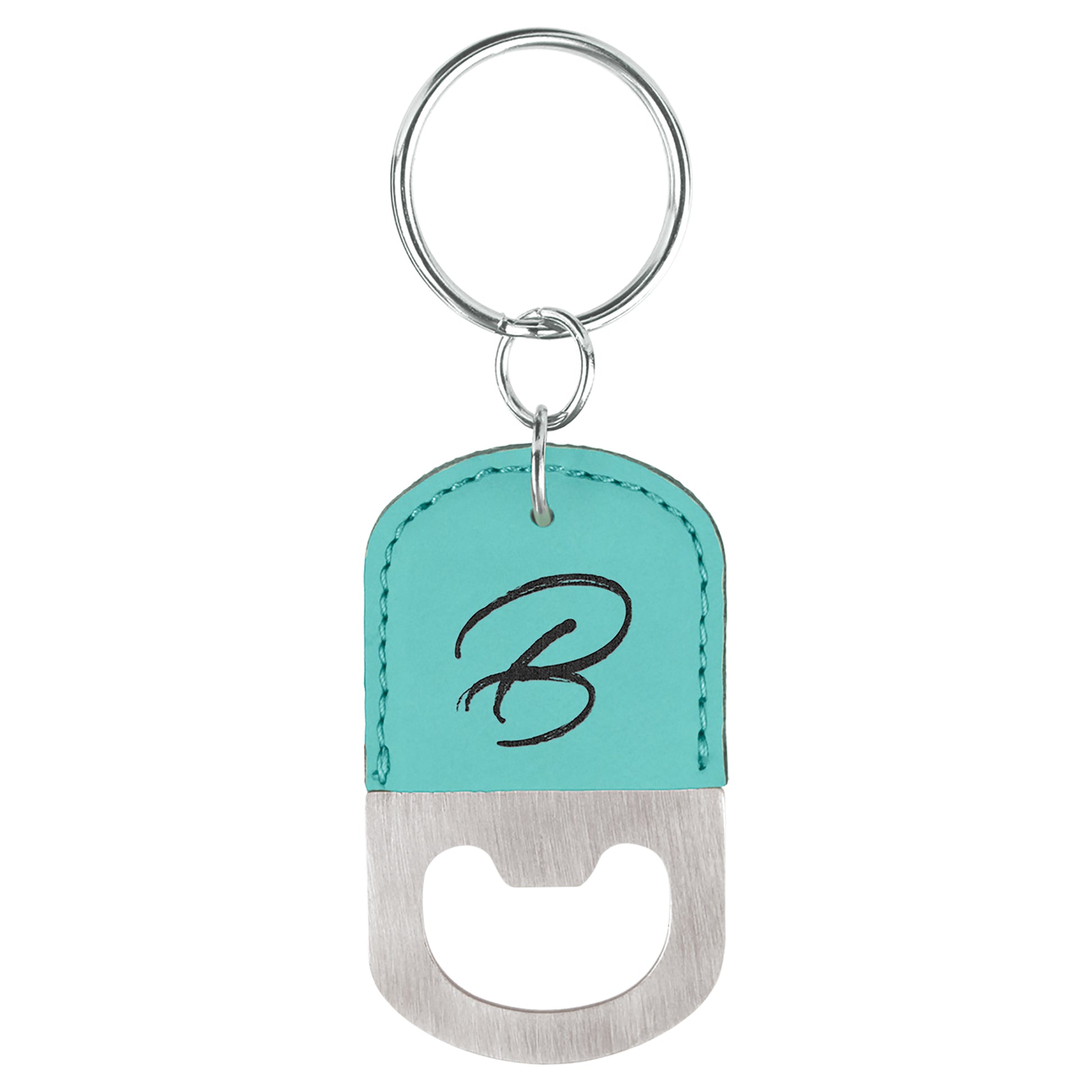  Personalized Laser Engraved Oval Teal Leatherette Bottle Opener Keychain