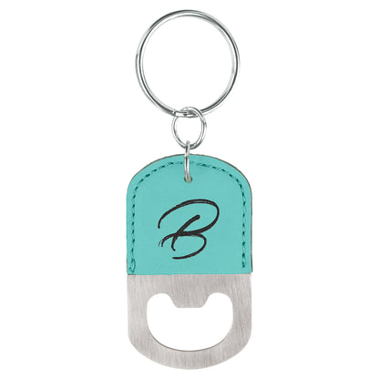  Personalized Laser Engraved Oval Teal Leatherette Bottle Opener Keychain