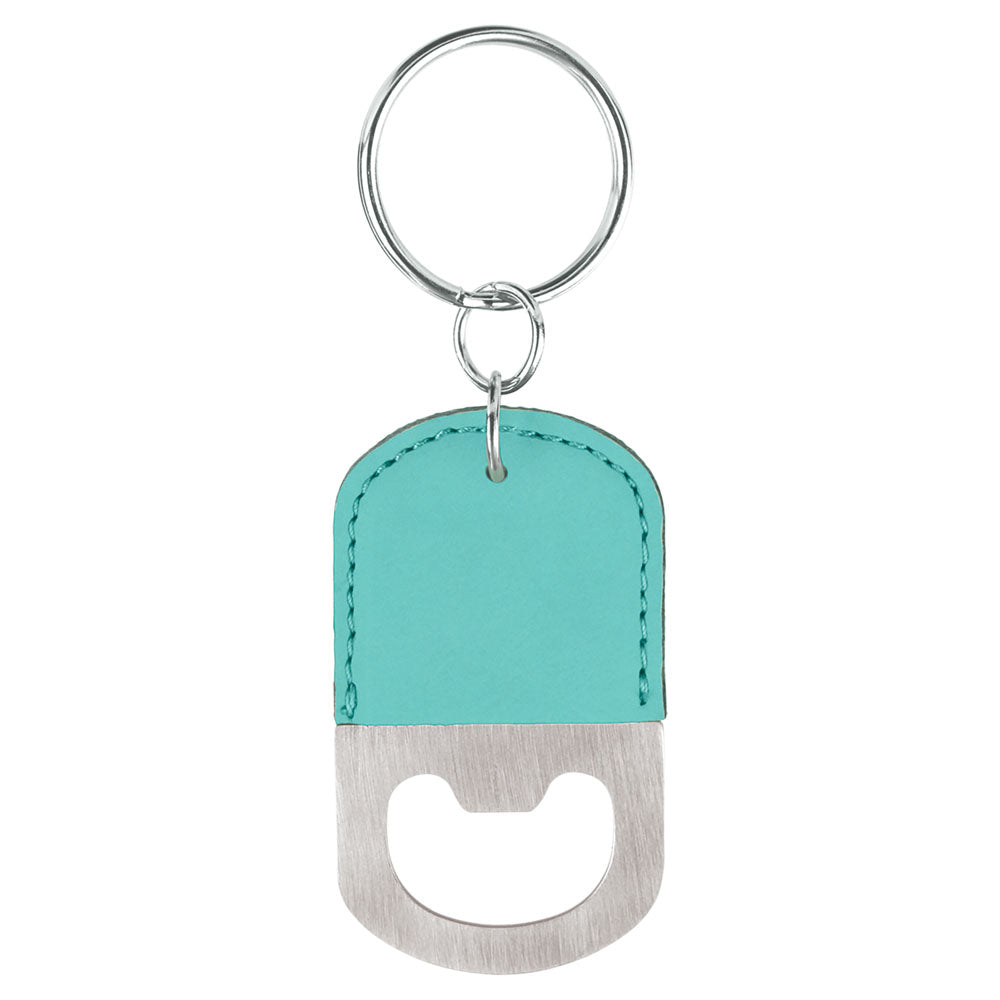 Personalized Laser Engraved Oval Teal  Leatherette Bottle Opener Keychain