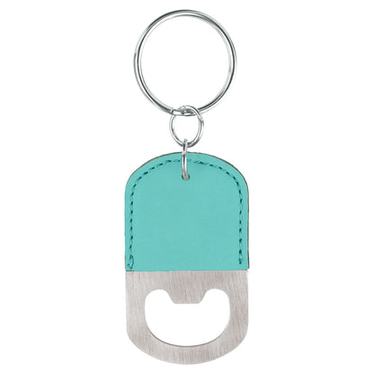 Personalized Laser Engraved Oval Teal  Leatherette Bottle Opener Keychain