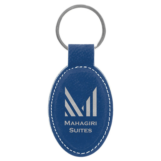 Personalized Laser Engraved 3" x 1 3/4" Blue/Silver  Leatherette Oval Keychain