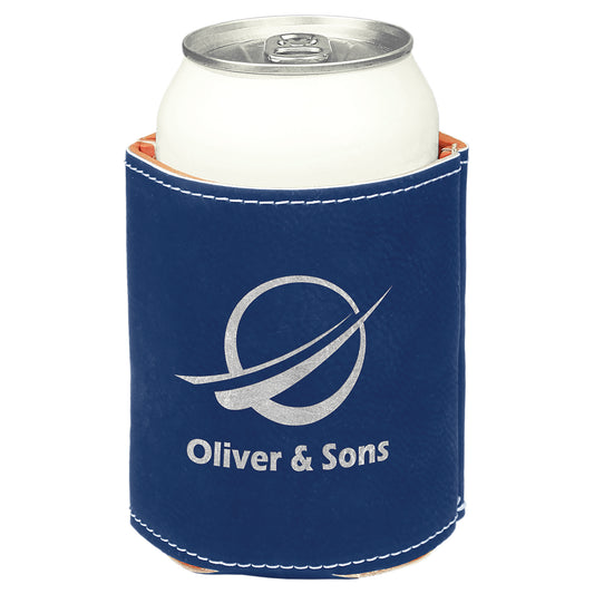 Personalized Laser Engraved 3 3/4" Blue/Silver  Leatherette Beverage Holder