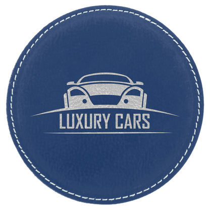 Personalized Laser Engraved 4" Round Blue/Silver  Leatherette Coaster