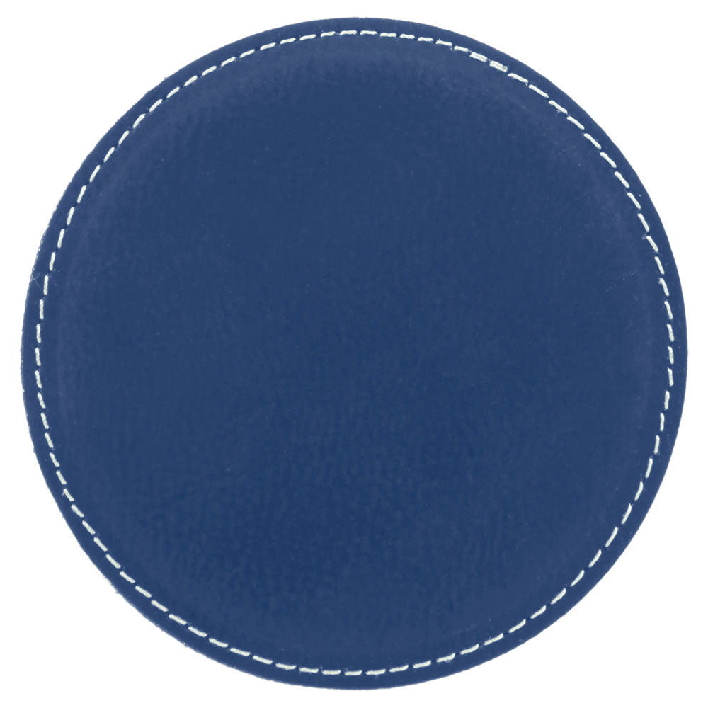 Personalized Laser Engraved 4" Round Blue/Silver  Leatherette Coaster