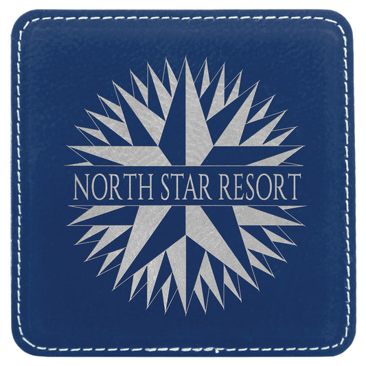 Personalized Laser Engraved 4" x 4" Square Blue/Silver  Leatherette Coaster