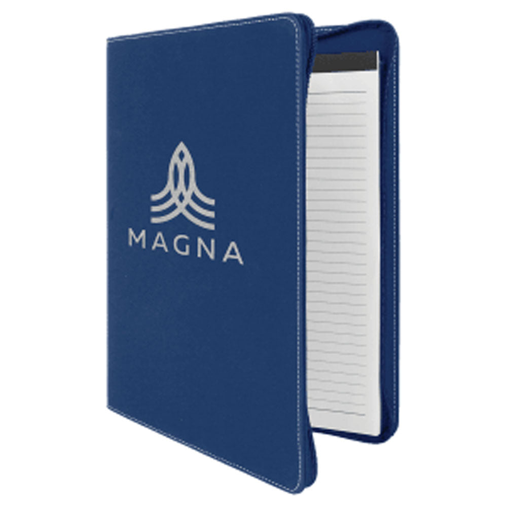 Personalized Laser Engraved 9 1/2" x 12"  Blue/Silver w/Zipper  Leatherette Portfolio with Notepad