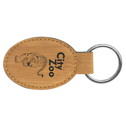 Personalized Laser Engraved 3" x 1 3/4" Bamboo  Leatherette Oval Keychain