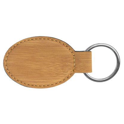 Personalized Laser Engraved 3" x 1 3/4" Bamboo  Leatherette Oval Keychain