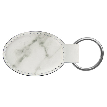 Personalized Laser Engraved 3" x 1 3/4" White Marble  Leatherette Oval Keychain