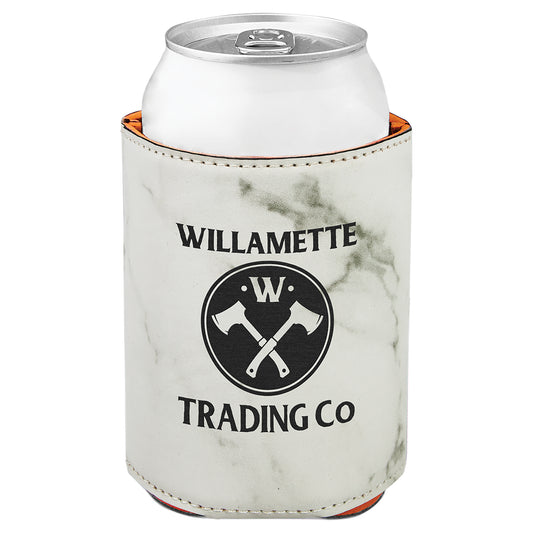 Personalized Laser Engraved 3 3/4" White Marble  Leatherette Beverage Holder