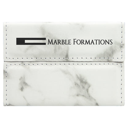 Personalized Laser Engraved 3 3/4" x 2 3/4" White Marble  Leatherette Hard Business Card Holder