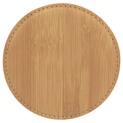 Personalized Laser Engraved  Bamboo Round Leatherette Coaster