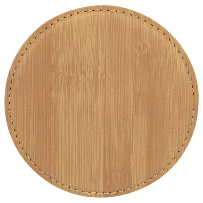 Personalized Laser Engraved 4" Round Bamboo  Leatherette Coaster