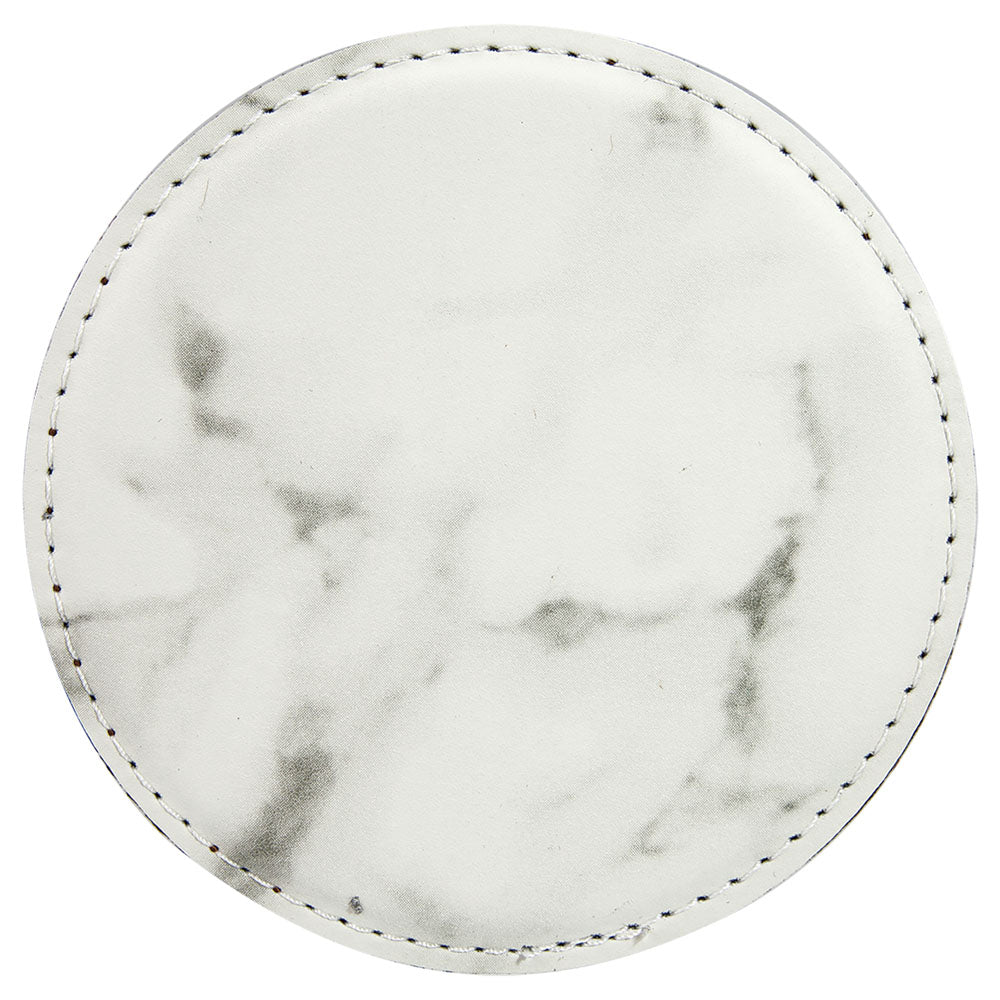 Personalized Laser Engraved 4" Round White Marble  Leatherette Coaster