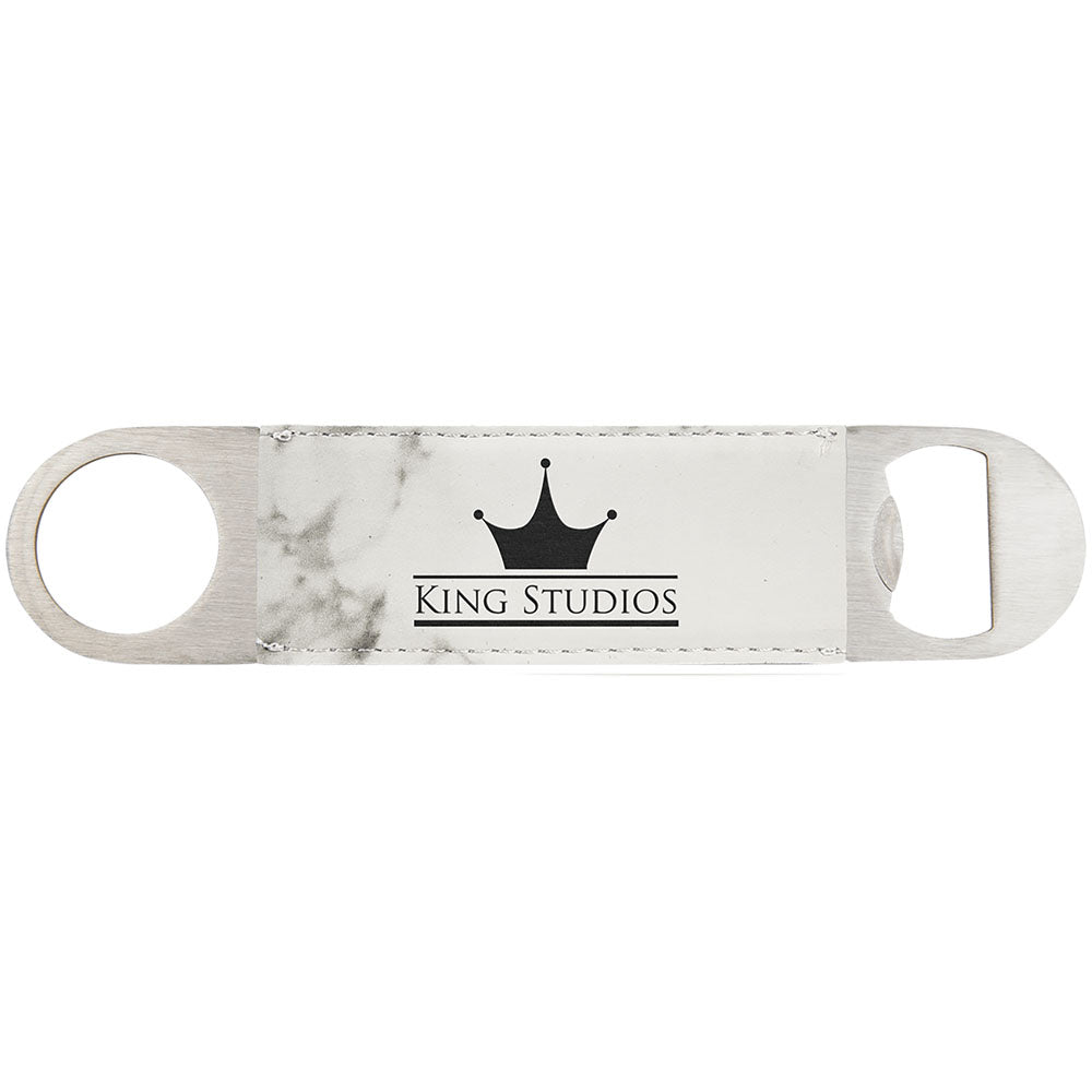 Personalized Laser Engraved 1 1/2" x 7" White Marble  Leatherette Bottle Opener