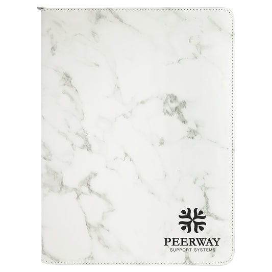 Personalized Laser Engraved 9 1/2" x 12" White Marble with Zipper Leatherette Portfolio with Notepad