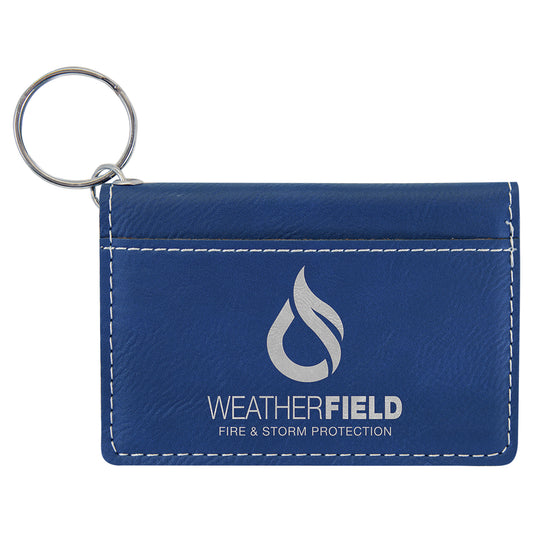 Personalized Laser Engraved 4 1/4" x 3" Blue/Silver  Leatherette Keychain ID Holder