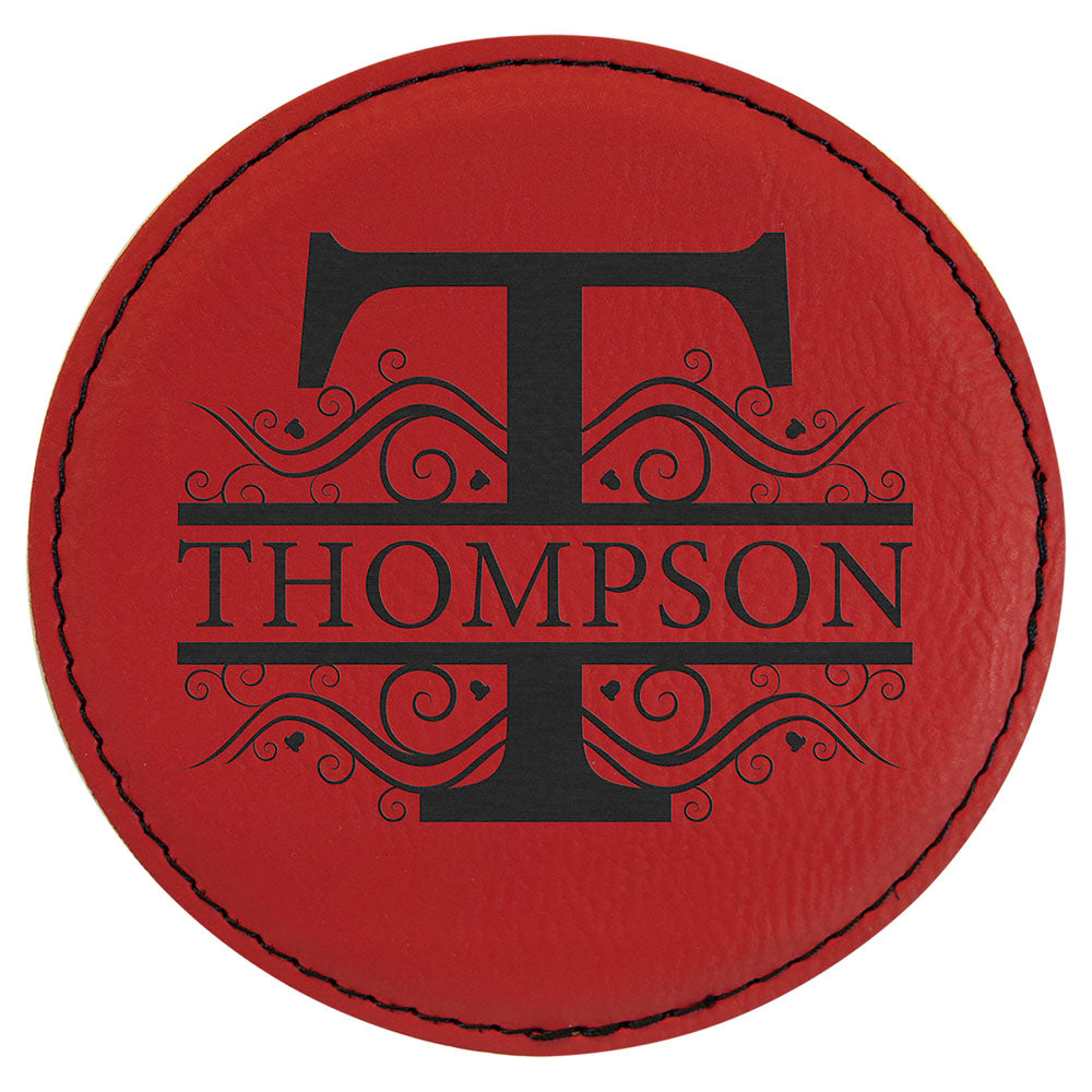 Personalized Laser Engraved 4" Round Red  Leatherette Coaster