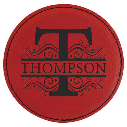 Personalized Laser Engraved 4" Round Red  Leatherette Coaster