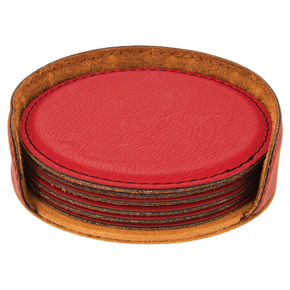 Personalized Laser Engraved 4" Red  Leatherette Round 6-Coaster Set