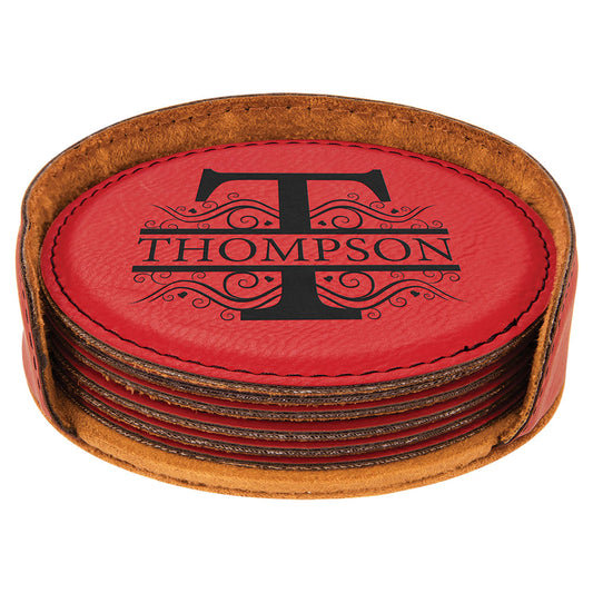 Personalized Laser Engraved 4" Red  Leatherette Round 6-Coaster Set