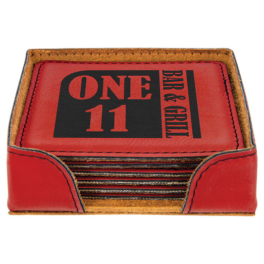 Personalized Laser Engraved 4" x 4" Red Square  Leatherette 6-Coaster Set with Holder