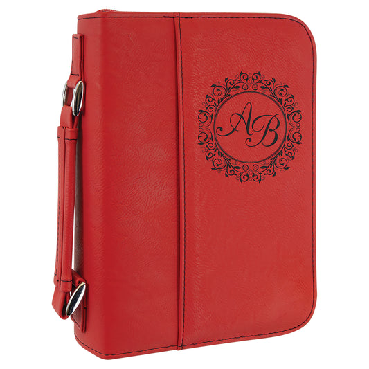  Personalized Laser Engraved 6 3/4" x 9 1/4" Red Leatherette Book/Bible Cover with Handle & Zipper