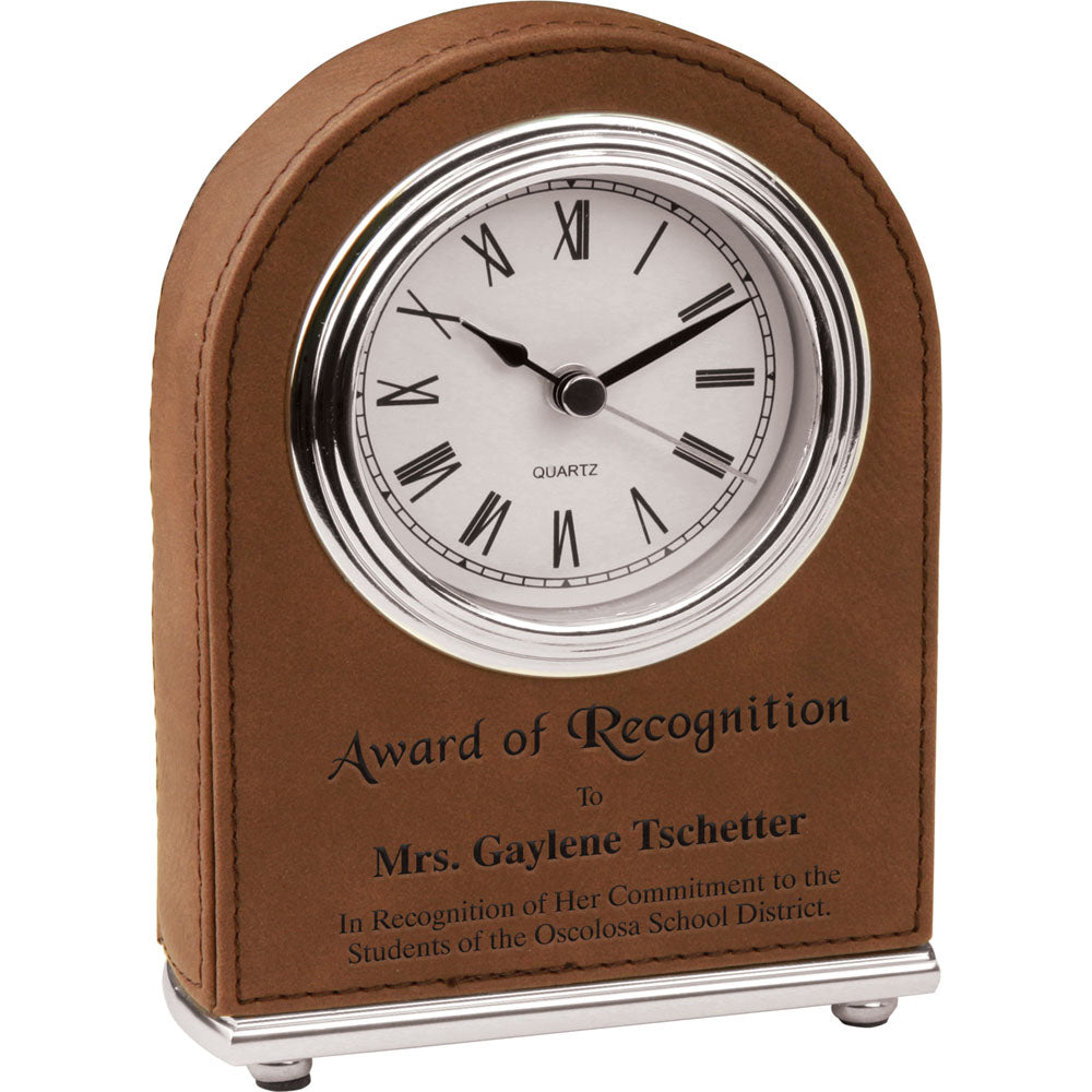 Personalized Laser Engraved 5 1/2" Dark Brown  Leatherette Arch Desk Clock