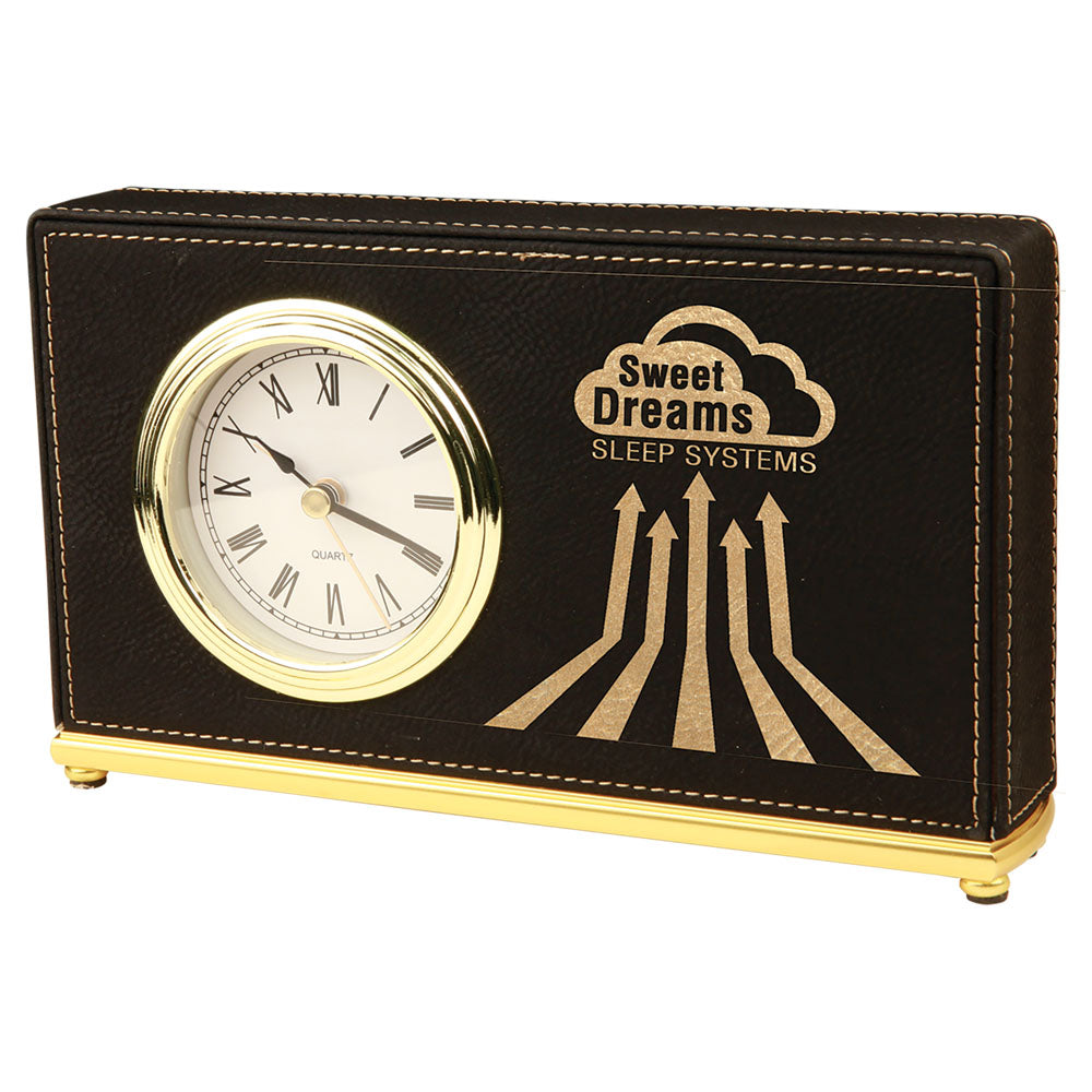 Personalized Laser Engraved 7 1/2" x 4 1/2" Black/Gold  Leatherette Horizontal Desk Clock