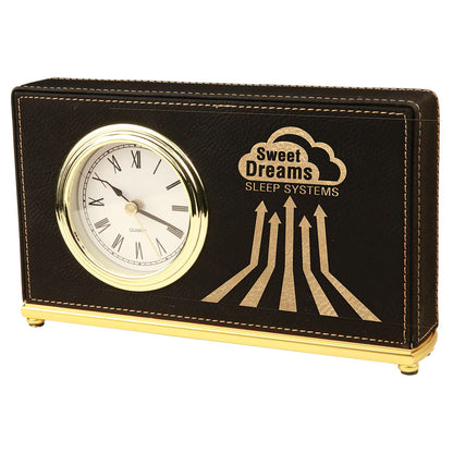 Personalized Laser Engraved 7 1/2" x 4 1/2" Black/Gold  Leatherette Horizontal Desk Clock