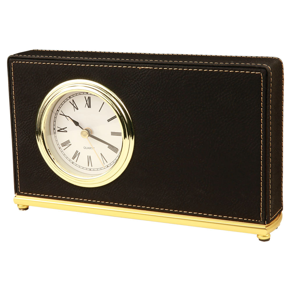 Personalized Laser Engraved 7 1/2" x 4 1/2" Black/Gold  Leatherette Horizontal Desk Clock