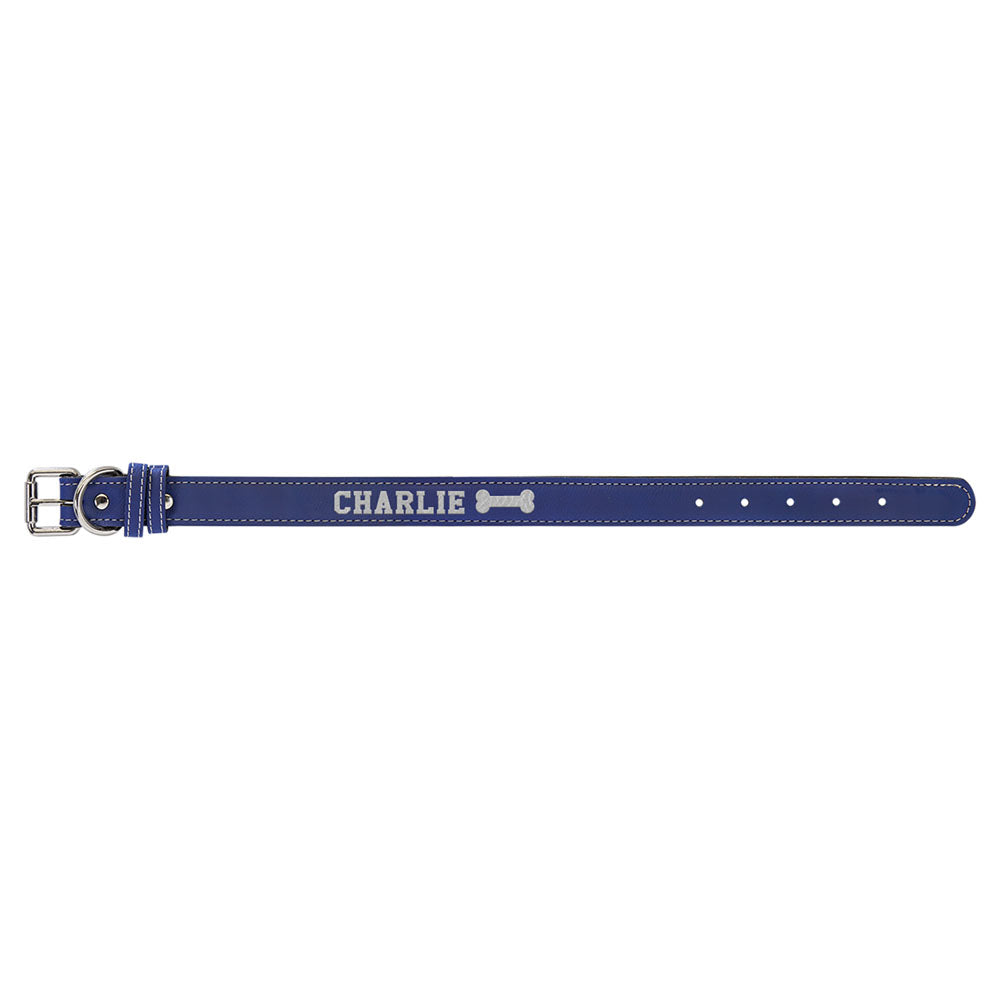 Personalized Laser Engraved Small 15" x 3/4" Blue/Silver  Leatherette Dog Collar