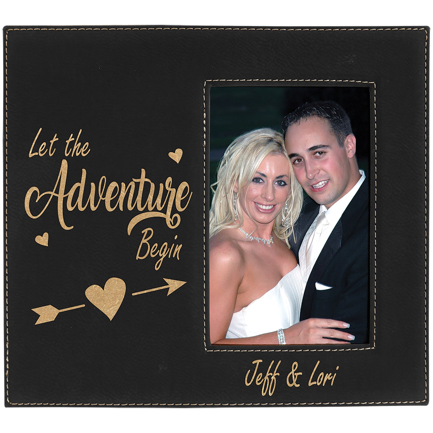  Personalized Laser Engraved 4" x 6" Black/Gold Leatherette Photo Frame with 4 1/4" x 7 7/8" Engraving Area