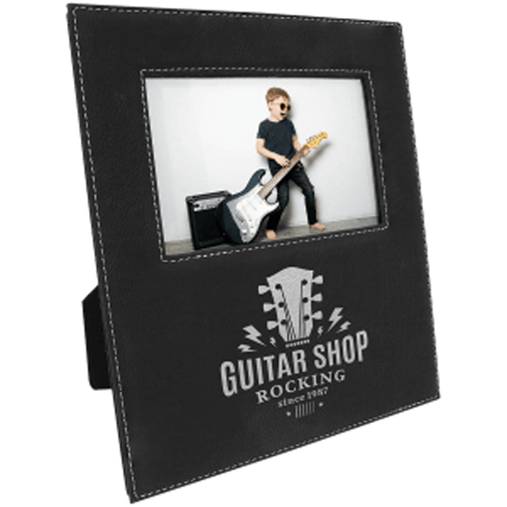  Personalized Laser Engraved 4" x 6" Black/Silver Leatherette Photo Frame with 4 1/4" x 7 7/8" Engraving Area