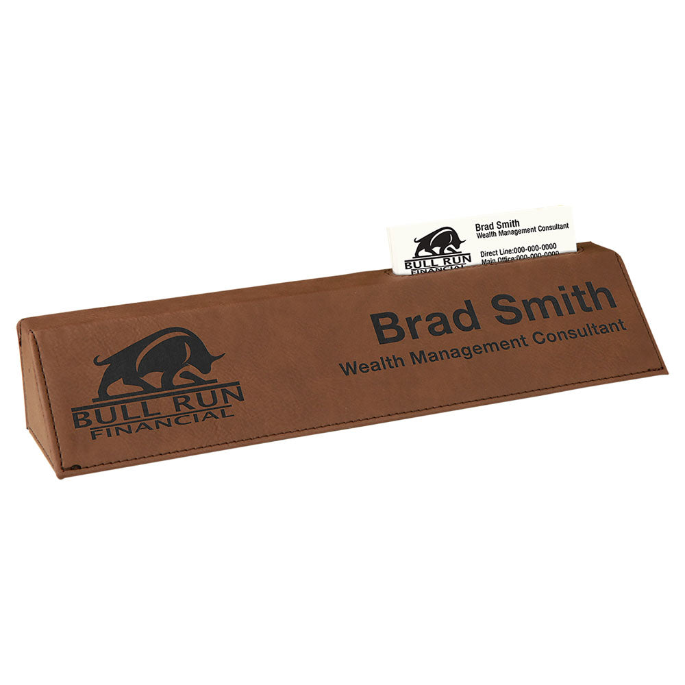 Personalized Laser Engraved 10 1/2" Dark Brown  Leatherette Desk Wedge with Business Card Holder