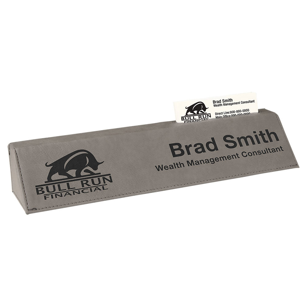 Personalized Laser Engraved 10 1/2" Gray  Leatherette Desk Wedge with Business Card Holder