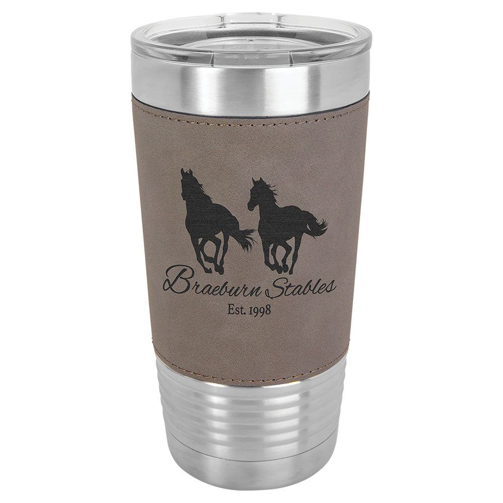 Personalized Laser Engraved Polar Camel 20 oz. Gray  Leatherette Tumbler with Clear Lid